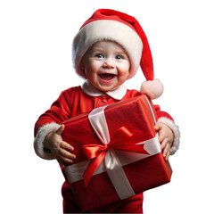 cute little boy in senta's dress holding red gift box with cute smile on white  background