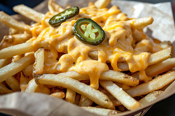 A close-up view of fries with cheese sauce and jalapeño slices on top. (Generative AI)