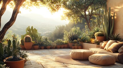 A sunlit patio featuring an array of succulents and cacti in terracotta planters, natural stone flooring, neutral-toned furniture with soft cushions, and golden light casting gentle shadows,