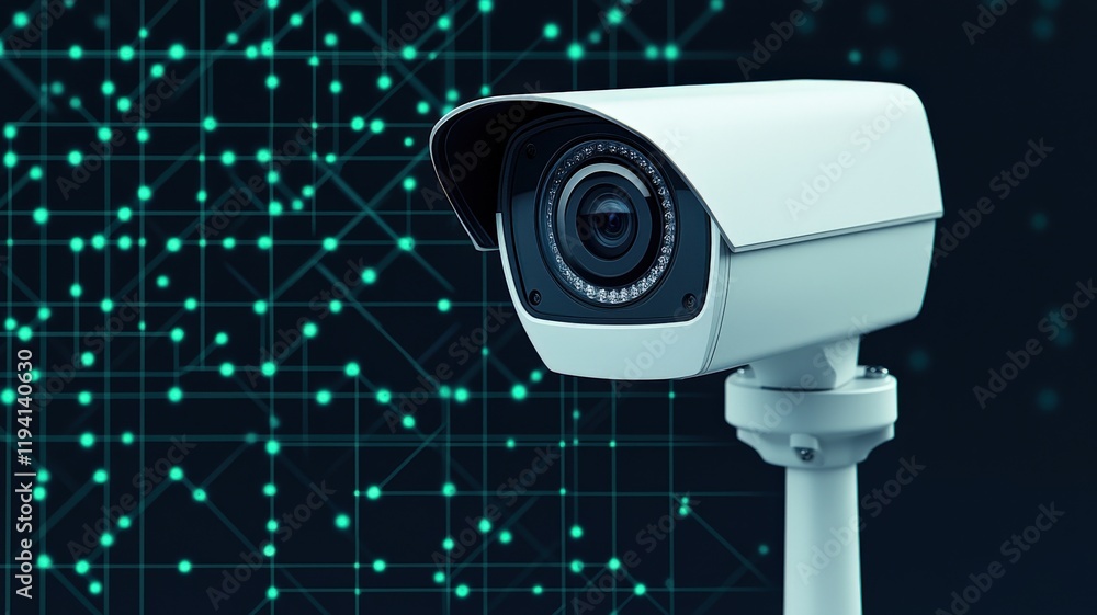 Poster smart security biometrics threats concept. surveillance camera against a digital backdrop, symbolizi