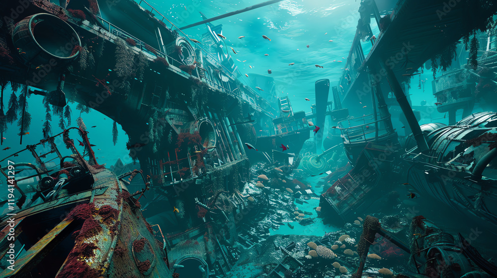Poster dive into virtual reality with a high-angle view of a futuristic underwater world filled with sea mo
