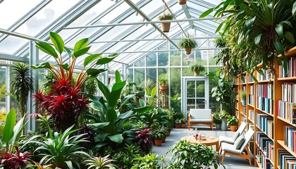 Lush Greenhouse Sanctuary Featuring Abundant Plants and Bookshelves