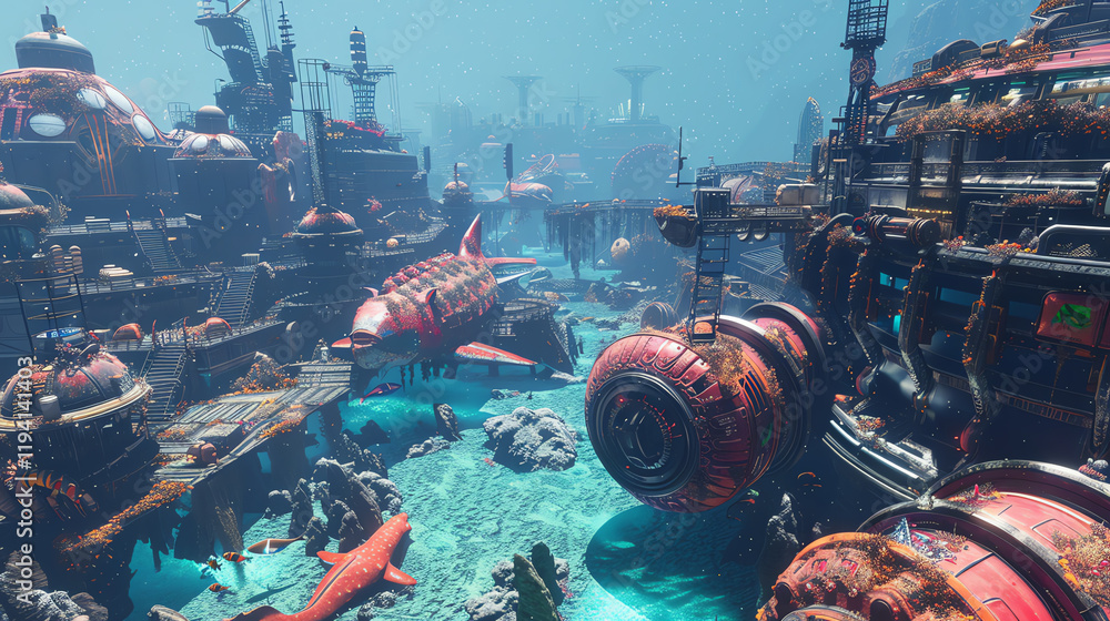 Poster dive into virtual reality with a high-angle view of a futuristic underwater world filled with sea mo