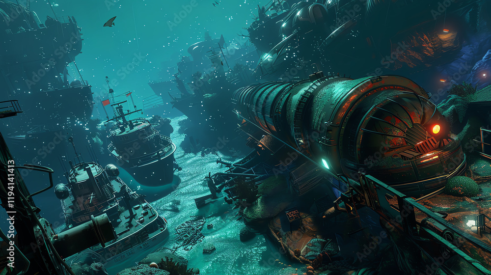 Poster dive into virtual reality with a high-angle view of a futuristic underwater world filled with sea mo