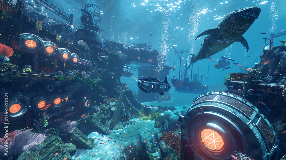 Poster dive into virtual reality with a high-angle view of a futuristic underwater world filled with sea mo