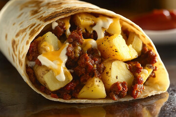 A delicious breakfast burrito filled with chorizo, potatoes, and cheese. (Generative AI)