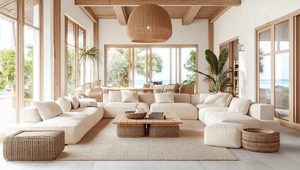 Coastal Living Room Design:  Relaxing Beach House Interior with Woven Accents and Natural Light