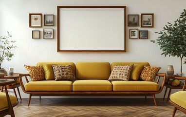 Mid-century modern living room with yellow sofa, mockup frame, and gallery wall