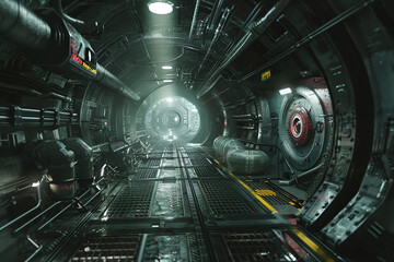 Explore a low-angle view of futuristic technologies melded with horror thrills in a digital rendering, adding unexpected camera angles for a truly immersive experience