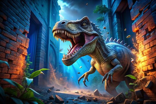 3D Rendered Compy Dinosaur Attacking Blue Screen; Urban Exploration Theme; Jurassic Park Inspired