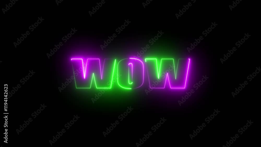 Poster wow neon sign animation. glowing neon lines wow text animation on signboard concept design backgroun