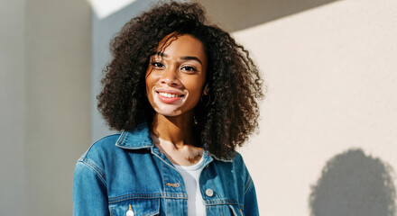 Confident african female young adult with vitiligo disease smiling outdoors in denim jacket.