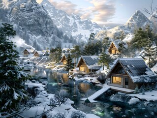 Fototapeta premium Picturesque Renewable Energy Powered Mountain Village in Snowy Landscape