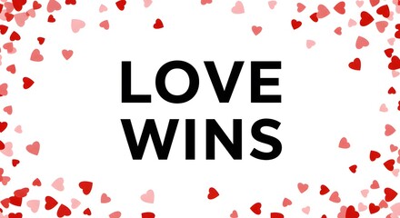 "Love Wins" in black modern font with red and pink confetti in heart shapes. Romantic text. Love. 