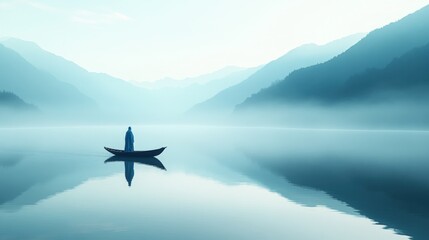 Solitary figure in small boat on calm lake, misty mountains background.