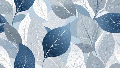 Serene Blue and Gray Leaf Pattern Seamless Design, Perfect for Elegant Backgrounds or Textile Prints
