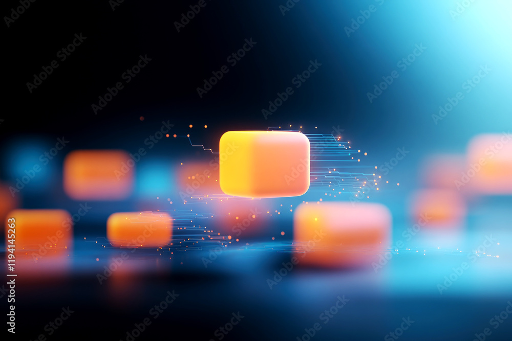 Poster dynamic orange cubes in motion digital visualization abstract background futuristic concept close-up