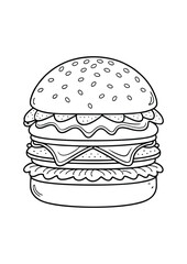 coloring page, simple black lineart illustration of a burger on white background. coloring page ready for print