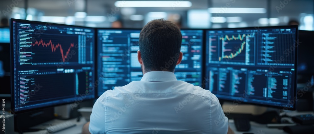 Aufkleber real-time data analysis by financial analyst in high-tech office environment focusing on market tren
