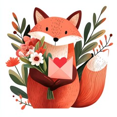 Obraz premium A whimsical fox holds a bouquet of flowers and a heart envelope, surrounded by vibrant foliage, symbolizing love and friendship.