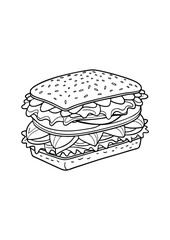 coloring page, simple black lineart illustration of a sandwich on white background. coloring page ready for print