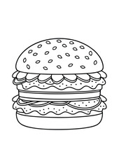 coloring page, simple black lineart illustration of a burger on white background. coloring page ready for print