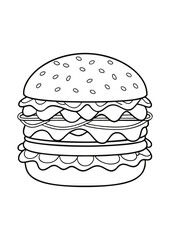 coloring page, simple black lineart illustration of a burger on white background. coloring page ready for print