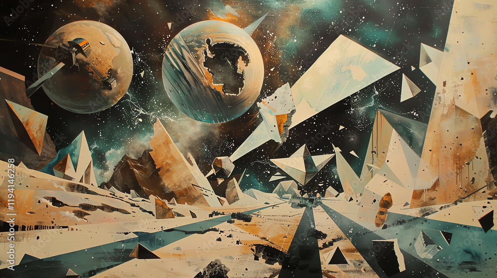 Poster infuse elements of cubism into a traditional oil painting depicting space exploration from a frontal