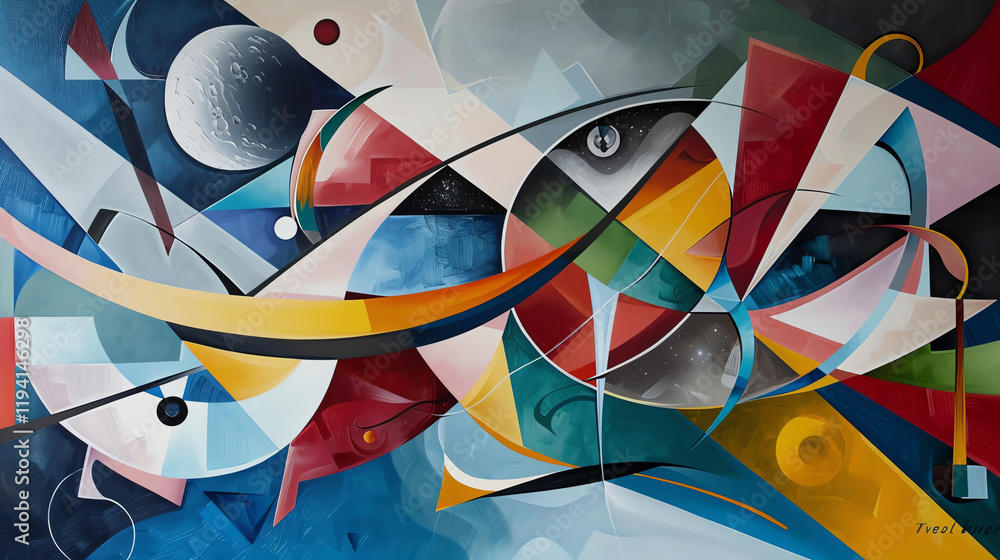 Poster infuse elements of cubism into a traditional oil painting depicting space exploration from a frontal