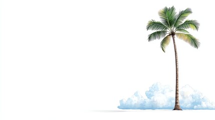 Fototapeta premium A solitary palm tree stands against a minimalist white background, evoking a sense of tranquility and a tropical paradise.