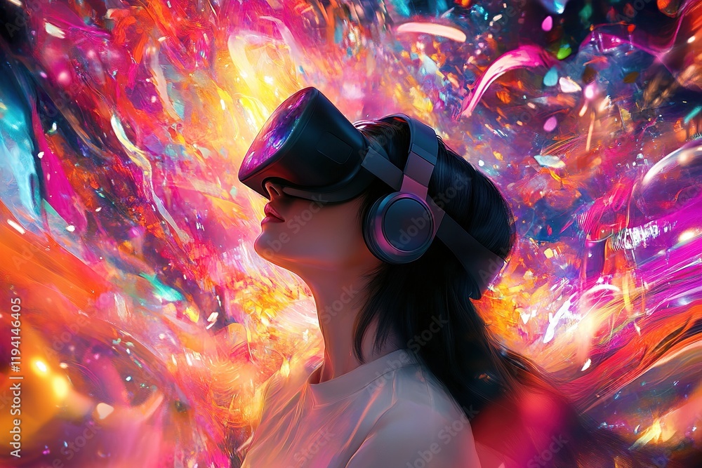 Aufkleber exploring vivid virtual worlds: immersive vr headset experience with dynamic colorful visuals