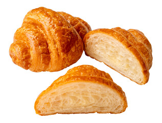 Top view set of single brown or golden croissant with two halves in stack isolated on white background with clipping path