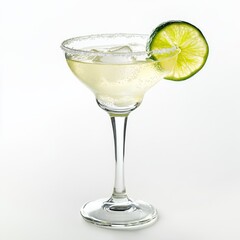A chilled margarita in a salt-rimmed glass, with a lime wedge on the rim, highlighting the refreshing lime green and the salt's texture