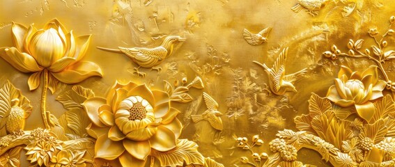3d gold carved lotus flowers and birds pattern