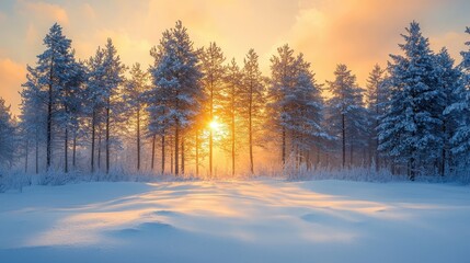 Fototapeta premium Pine trees covered with snow on frosty evening, beautiful winter landscape panorama