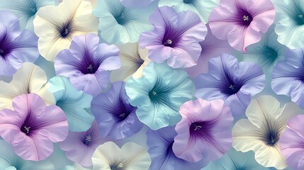 Bright petunias with bold retro starburst accents, seamless mid-century style wallpaper, pastel tones of lavender, cream, and aqua, detailed floral arrangements, vintage fabric overlay, hd quality.