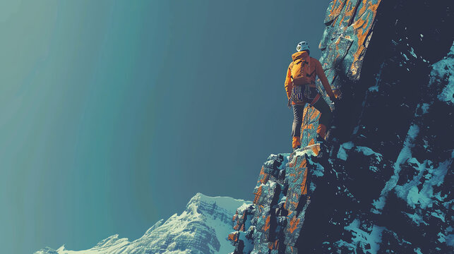 Surreal vector illustration of a rock climbers figure seen from the rear, climbing a pixelated mountain with a dreamlike quality, bending reality