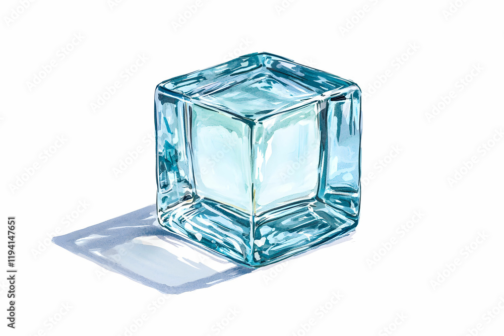 Poster clear glass cube with soft reflection and shadow on white background