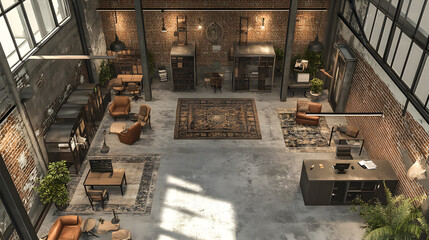Cozy loft with modern decor and rustic details. 3d rendering