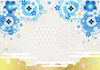 六角和柄地に和傘と梅桜の和背景、かわいい、横、イラスト、青、アーチ状