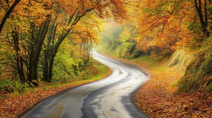 Obraz premium Autumn road landscape in beautiful nature travel, autumn colors in mountain road scenery