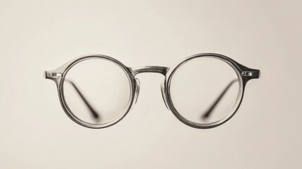 Close-up of round eyeglasses with clear lenses on a neutral background.