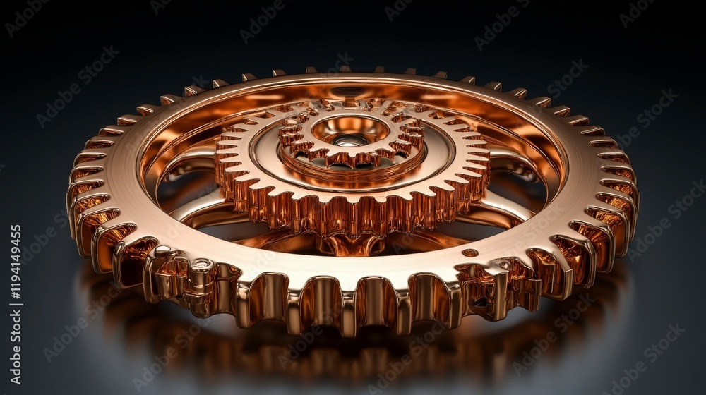 Poster a close-up view of intricate copper gears with a glossy finish featuring complex toothed designs and