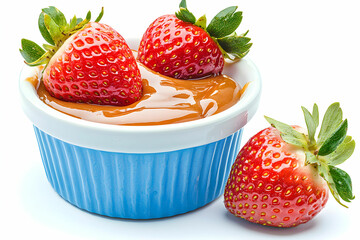 Fresh Strawberries Dipped in Creamy Caramel Sauce in Blue Bowl