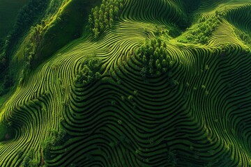 Lush Green Terraced Fields in Mountainous Landscape Showcasing Nature's Beauty and Agriculture Practices Under Bright Natural Light