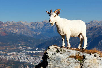 Majestic White Goat Standing on Rocky Cliff with Mountain View