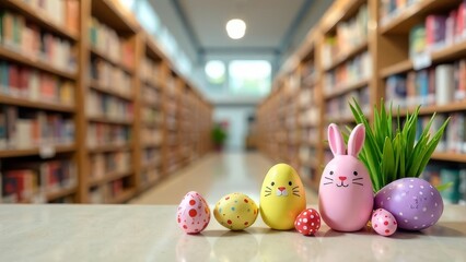 Easter banner with pastel colored eggs on wooden table in library. Blurred bookshelves and person in the background. Festive springtime concept with cute bunny and colorful decorations.