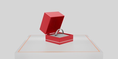 Wedding ring in box, diamond ring, ring box, 3d illustration