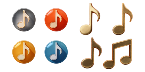 Colorful Musical Notes Icons on Buttons, PNG collection, set bundle, isolate on transparent or white background