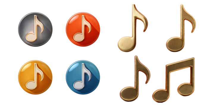 Colorful Musical Notes Icons on Buttons, PNG collection, set bundle, isolate on transparent or white background